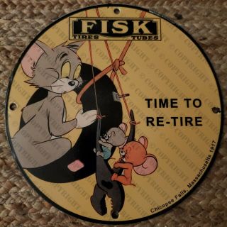Vintage Porcelain Fisk Tires Tubes Massachusetts Tom Jerry Man Cave Garage Sign