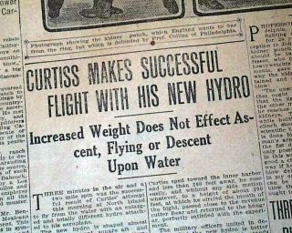 Aviator Glenn Curtiss Aviation Pioneer 1st Seaplane Airplane Fly 1911 Newspaper