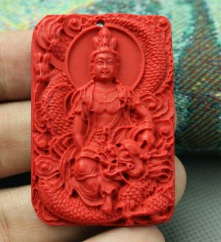 Chinese Natural Red Organic Cinnabar Dragon Guanyin Pendant Lucky Amulet