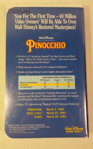 Disney Black Diamond Classics Edition VHS: Pinocchio Demo Screener Tape - - RARE 2