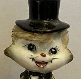 Vintage Ceramic Cat Figurine With Fur,  Top Coat And Hat With Japan Sticker 4.  25”