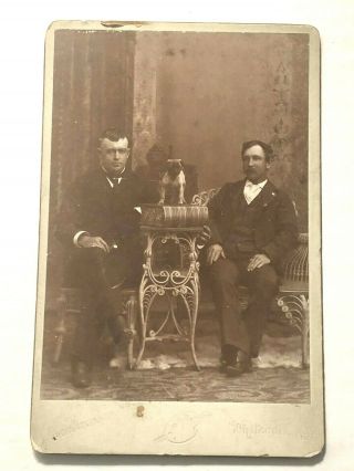 1890 - 1900 Cabinet Card Photo Whitehall Ny Pug Puppy Dog Stands On Dictionary Men