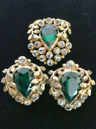 Vintage Sandor Ornate Leaf & Faceted Faux Emerald Teardrop Brooch & Earring Set