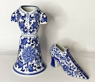 Vintage/antique Blue & White Porcelain Seymour Mann Floral Dress Vase & Shoe Nr