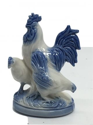 Vintage Blue White Porcelain Rooster Chickens Figurine 3807