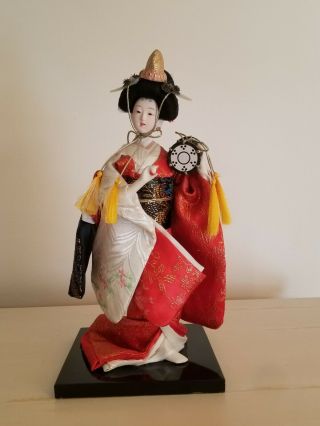Vintage 12 " Porcelain Japanese Geisha Doll With Drum On Wooden Base