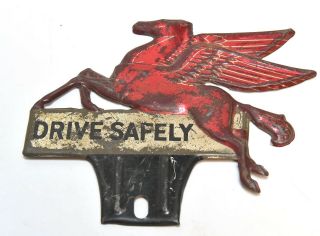 Vintage Mobil Pegasus License Plate Topper Relief Tin Drive Safely Rat Rod