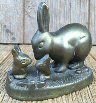 Vintage Brass Metal Rabbit Bunny Figurine Mom & Babies Made In India