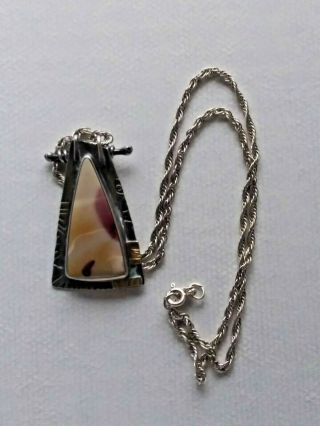 Signed Vintage Navajo Sterling Silver & 22k Gold Accents Pendant W/ Rope Chain