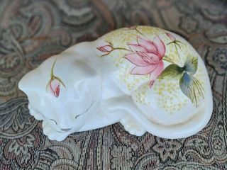 Vintage Porcelain Sleeping Cat White Hand Painted Floral Japan Candlewood Gifts
