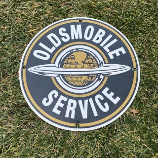 Vintage Oldsmobile Service 12” Metal Gasoline & Oil Dealer Shop Push Ad Sign