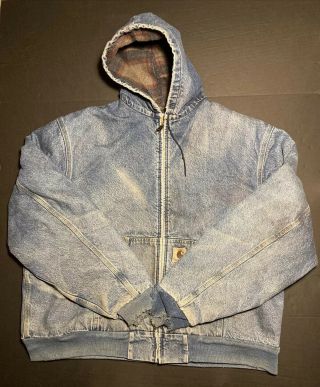 Vintage 90s Carhartt Denim Jean Hooded Jacket Coat 3xl Usa Blanket Lined J08dst
