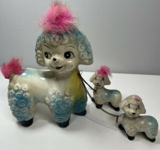 Vintage 6” Ceramic Anthropomorphic Poodle Dog & Puppies Chain Figurine Japan Fur