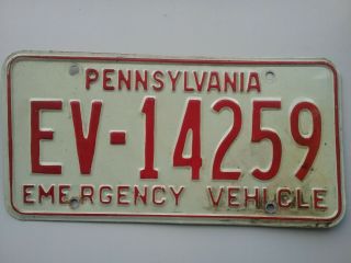 Pennsylvania Emergency Vehicle License Plate Tag 1st Issue Red White Ev - 14259 Pa