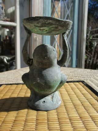 Vintage Bronze Green Patina Frog With Bowl