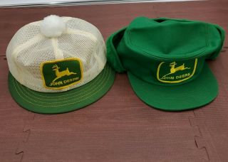 2 Vintage John Deere Hats.  1 K - Brand Trucker Fur Ear Flaps Patch Usa Farmer Cap