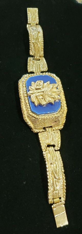 Vintage Salvador Teran Mexico 18k Gold Pl Wide Aztec Marbel Heavy Cuff Bracelet