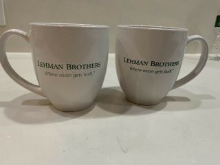 2 Lehman Brothers Coffee Mugs Cups White W Green Logo Where Vision Gets Built