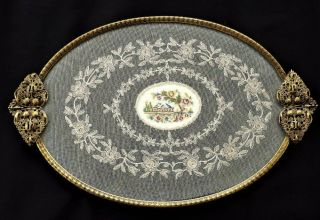 Vintage Petit Point Lace & Glass Dressing Table Tray With Filigree