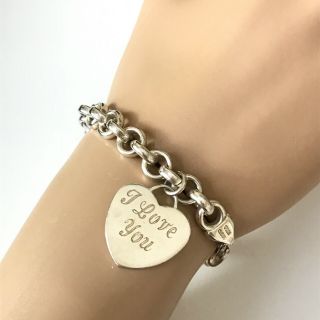 Vintage 925 Sterling Silver " I Love You " Etched Heart Charm Bracelet 7 5/8 "
