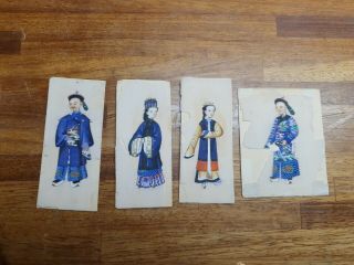 Antique 19thc Chinese Rice Paper Painting Various × 4
