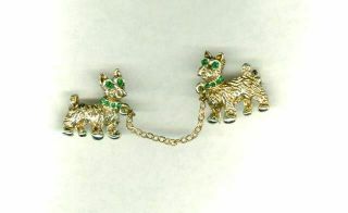 2 Vintage Rare West Highland Terrier Pins Chains Sparkling Emerald Rhinestones