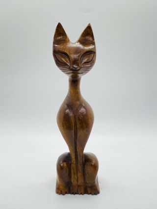 Vintage Hand - Carved Teak Wooden Siamese Cat Sculpture Mid Century Modern 8”