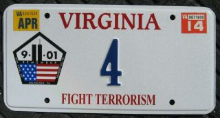 2014 Virginia Fight Terrorism License Plate,  Single Digit 4