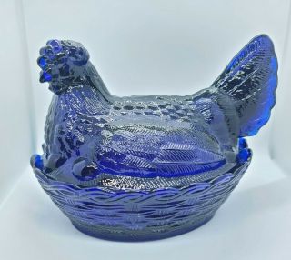 Vintage Glass Hen Chicken Candy Dish Weaved Nest Cobalt Blue
