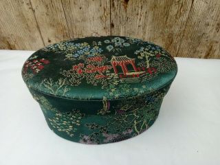 Vintage Chinese Embroidered Green Silk Oval Box 18cm X 13.  5cm X 9cm