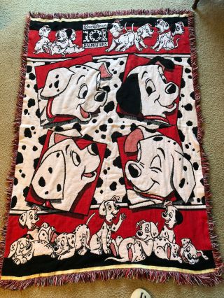 Vintage Disney 101 Dalmatians Reversible Blanket Tapestry Heavy Throw Red Black