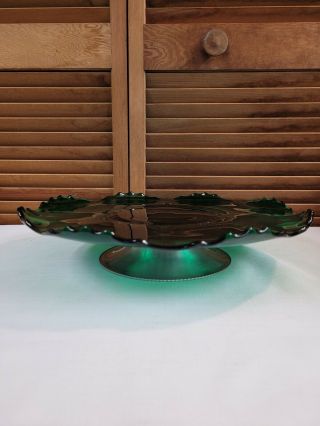 Vintage Green Depression Glass Cake Plate Stand Rotating Aluminum Base 3