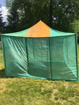 Vintage Canvas Camping Screen Shelter Tent Camel Brand 10’x10’