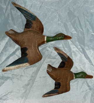 Vintage Flying Mallard Duck Carved Wood Hanging Figurines