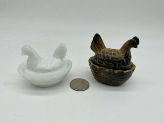 2 Glass Mini Hen Chickens On A Nest Basket Salt Cellar Dip Rare Stoneware