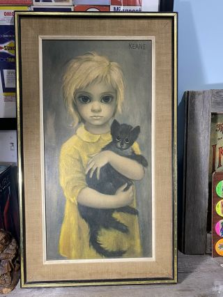 Vintage Walter Margaret Keane: Big Eyes - The Stray Girl W/ Cat In Yellow Dress