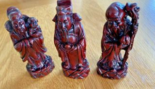 Set Of 3 X Red Resin Oriental Figure Wise Chinese Man Spiritual Buddha 12cm High