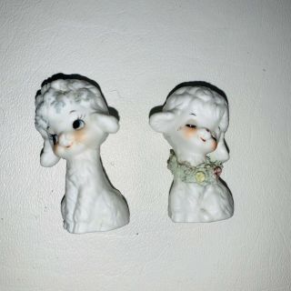 2 Vintage Ceramic Baby Lamb Sheep Mini Figure 2 " Lashes
