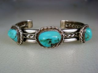 Vintage Navajo Sterling Silver & 3 Green Turquoise Bracelet Signed
