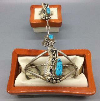 Vintage Navajo Sterling Silver Turquoise Slave Bracelet With Ring - Signed Vy
