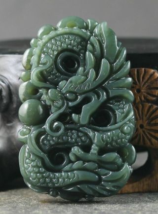 Natural Hetian Jade Chinese Hand Carved Vintage Dragon Pendant Statue Necklace