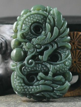 Natural Hetian Jade Chinese Hand Carved Vintage Dragon Pendant Statue Necklace 2