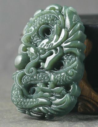 Natural Hetian Jade Chinese Hand Carved Vintage Dragon Pendant Statue Necklace 3