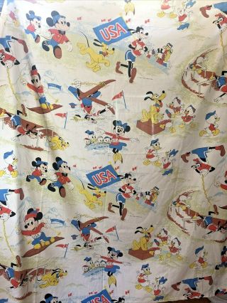 Vintage Disney Twin Flat Sheet Mickey Mouse Goofy Fab 5 Usa Winter Games