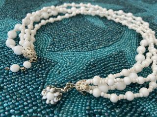 Vtg Miriam Haskell (signed) White Milk Glass 3strands Beaded Necklace 15”l.
