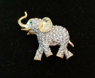 Elephant Brooch Pin Pendant Rhinestones Lucky Trunk Up Jewelry Animal 1990 