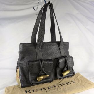 Authentic Vintage Burberry Haymarket Black Leather Medium Tote Handbag Purse Vgc