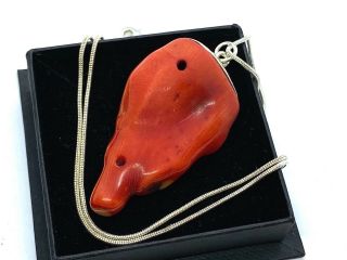 Vintage Natural Red Coral Sterling Silver Mounted Pendant Necklace