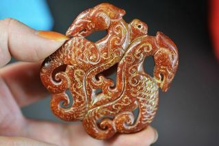 Chinese Old Jade Carved 2 Beast Amulet Pendant