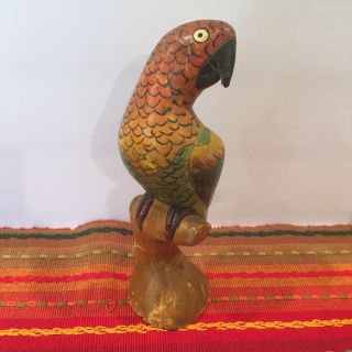 Vintage Hand Carved & Painted Wood 12 " Parrot Macaw World